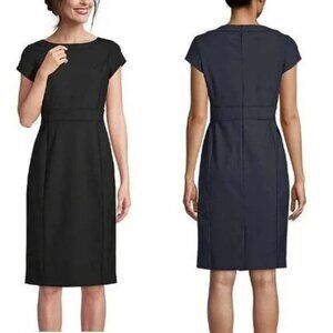 Land's End Washable Wool Piped Cap Sleeve Sheath Dress Black Career Size 16